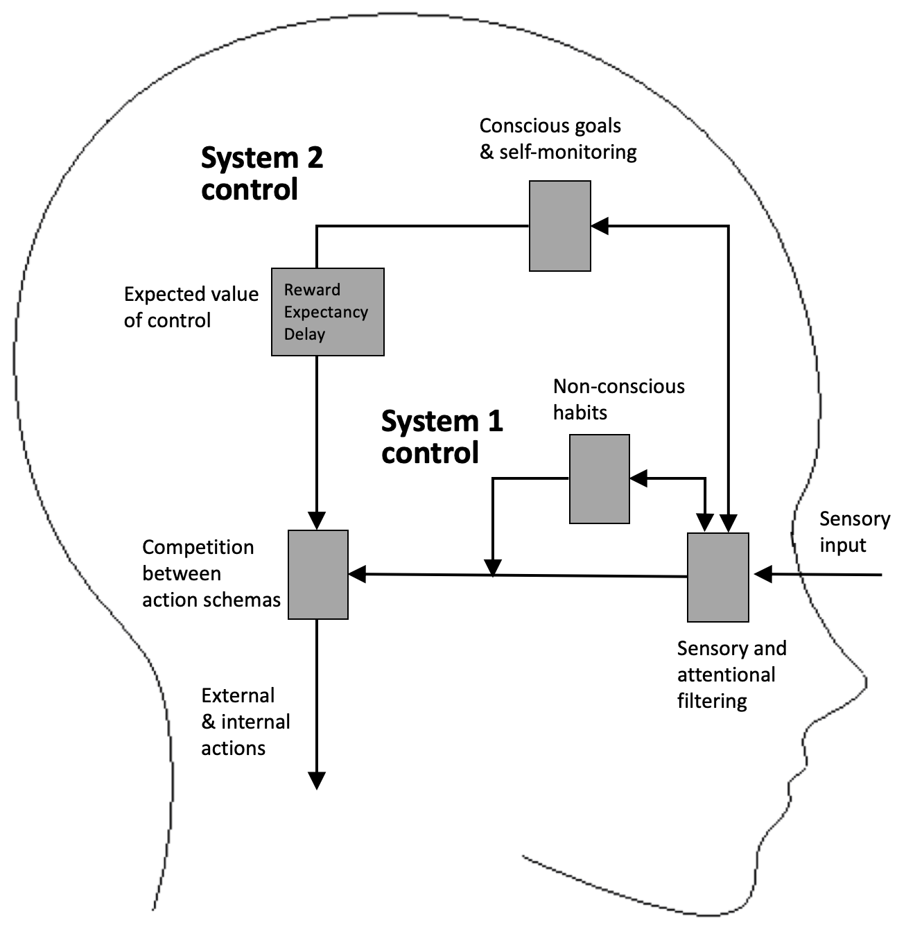 An extended dual systems model of self-regulation, developed from Shea et al. (2014) and D. A. Norman and Shallice (1986). System 1 control is rapid and non-conscious, whereas System 2 control is slower, conscious, and capacity-limited. The strength of System 2 control is mediated by the expected value of control. Both systems influence competition between action schemas, the outcome of which causes behaviour.